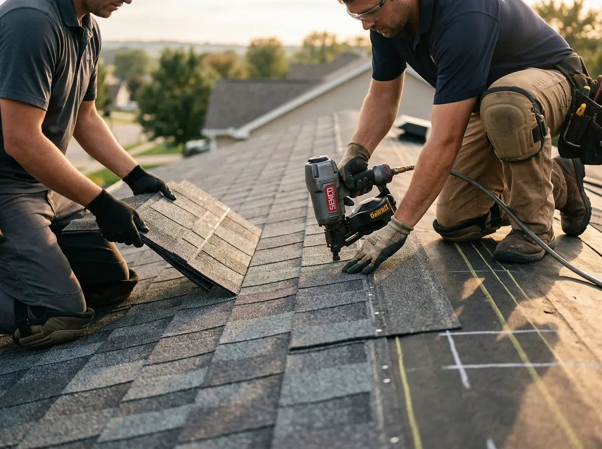 Professional roofer working on a residential roof in Azusa